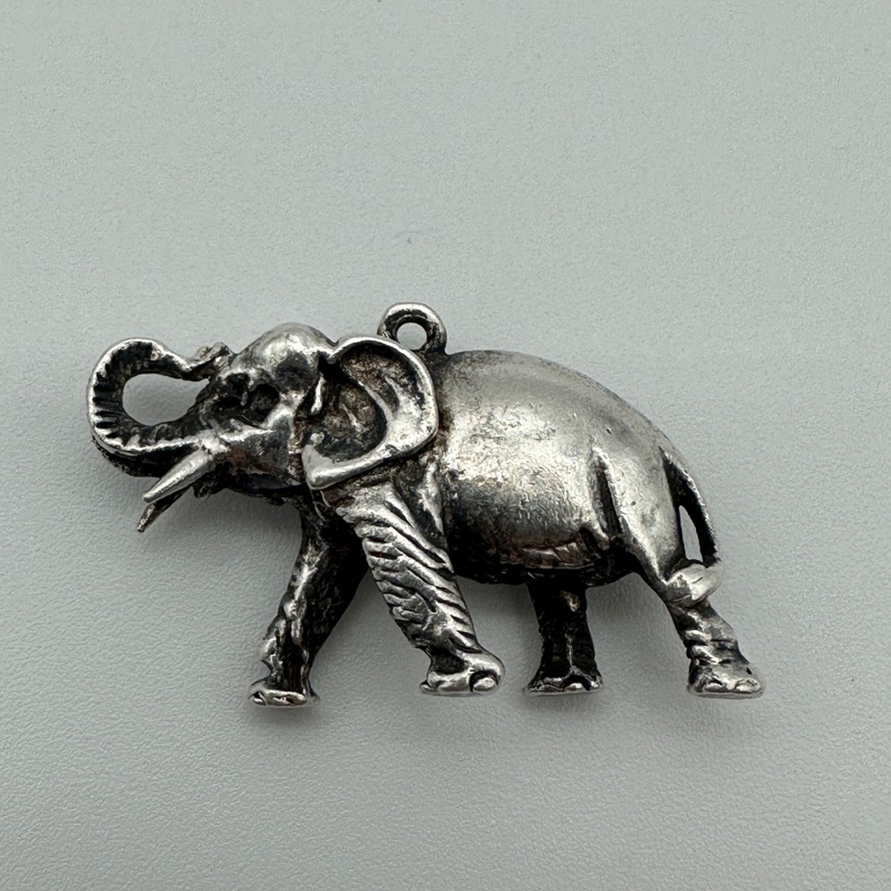 Vintage Silver Tone Elephant Charm Pendant Good Luck Trunk Up Animal Jewelry - Picture 2 of 5
